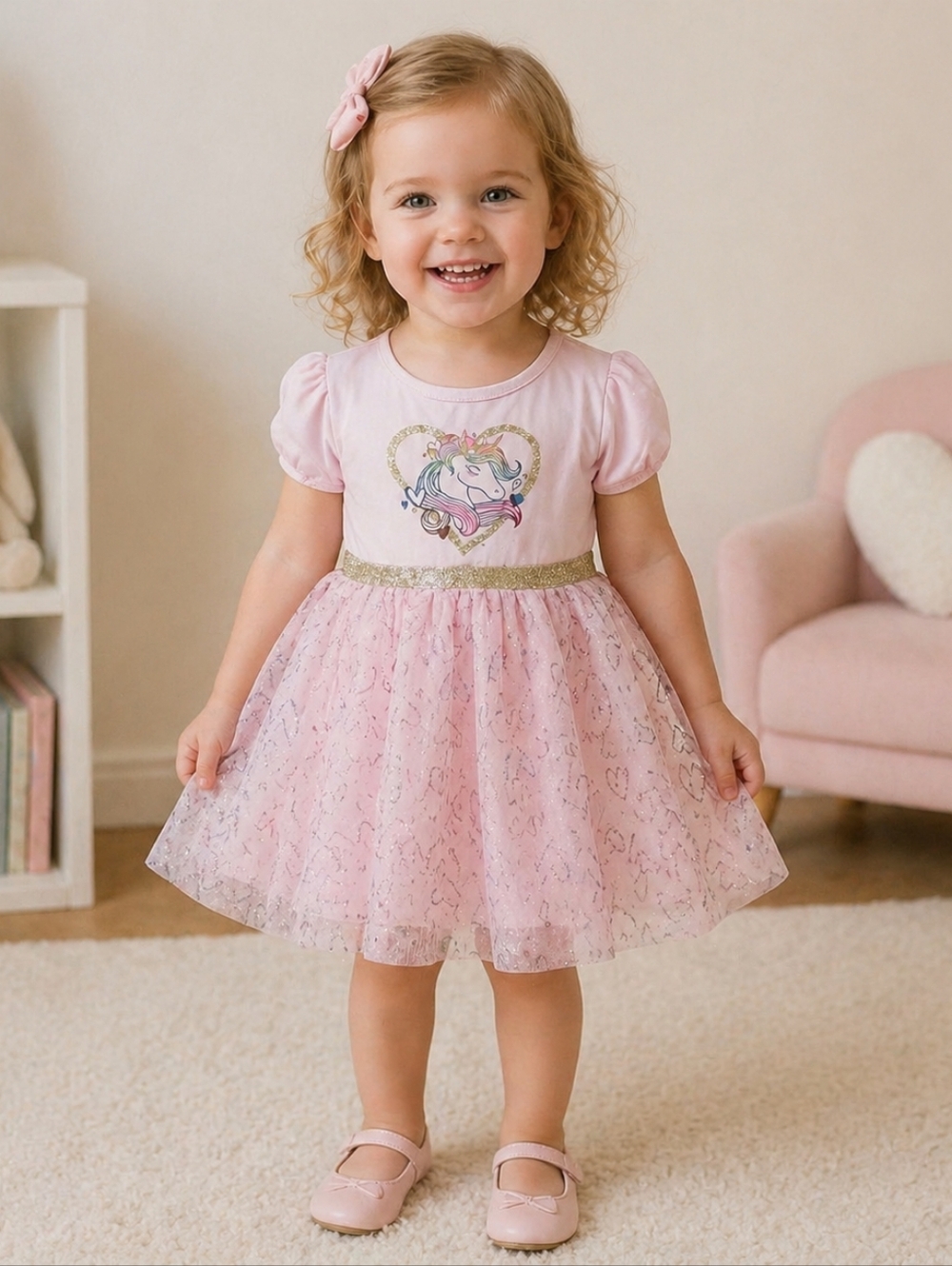 Toddler Kidgets Pink Unicorn Tulle Princess Dress with Gold Sparkly Waistband